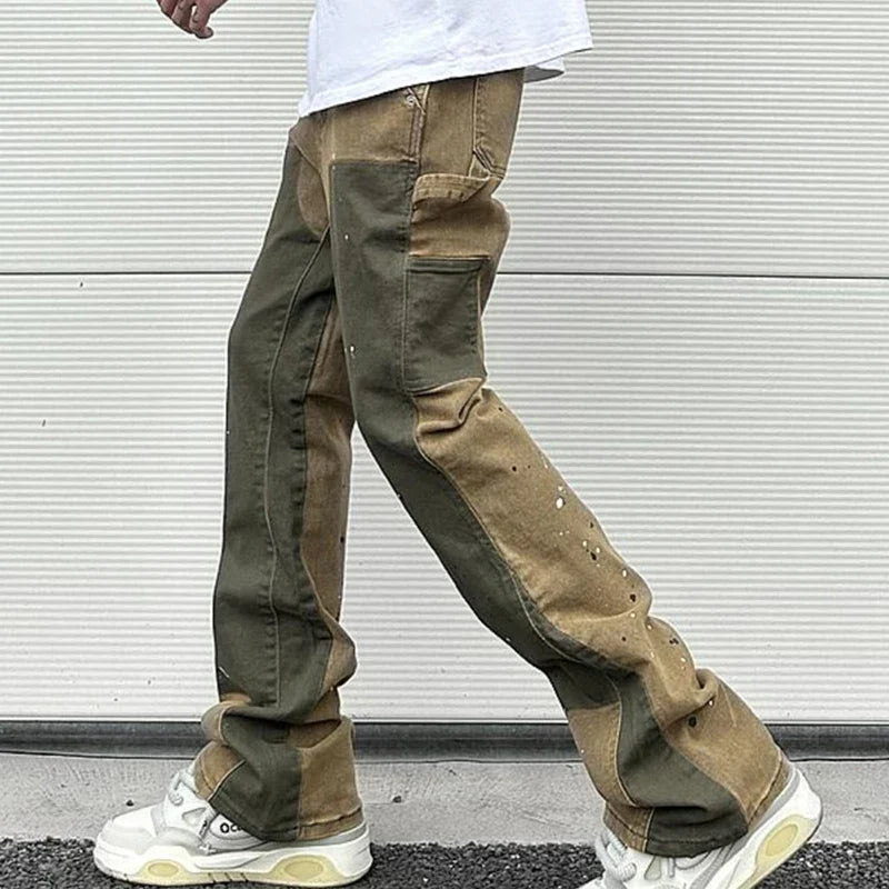 saferido Splash Ink Painted Washed Micro Elastic Denim Logging Pants Men's Patchwork Baggy Y2K Jeans Oversized Casual Cargo Trousers