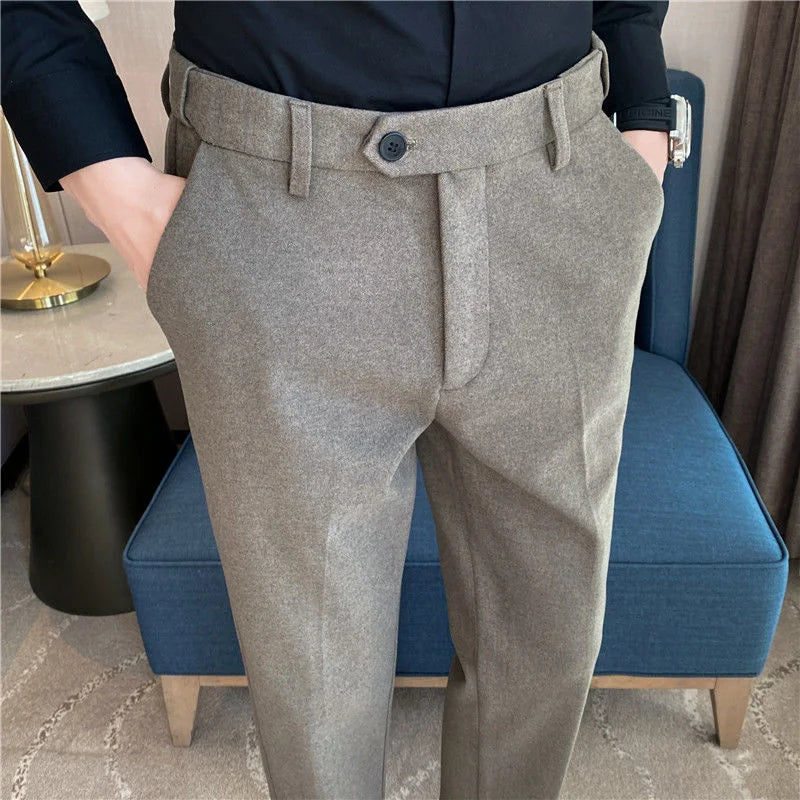 saferido Thick Men's Suit Pants Autumn Winter Brushed Woolen Loose Slim Solid Youth Pants Trend Casual Business Pencil Trousers Oversized