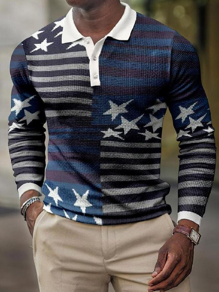 Spring Casual Printed Polo Shirts Men's Fashion Turn-down Long Sleeve Polo Shirt For Men New Autumn Buttoned Slim Fit Tops