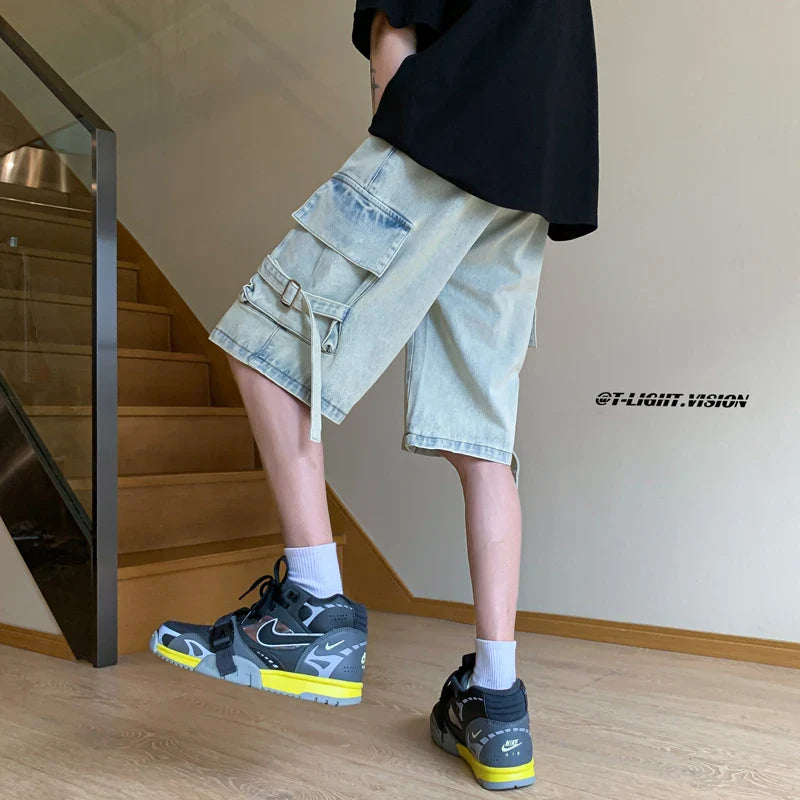 saferido American Retro Tooling Denim Shorts Summer Fashion Design Big Pocket Splicing Wide-leg Cropped Pants Large Size Shorts 4XL 5XL