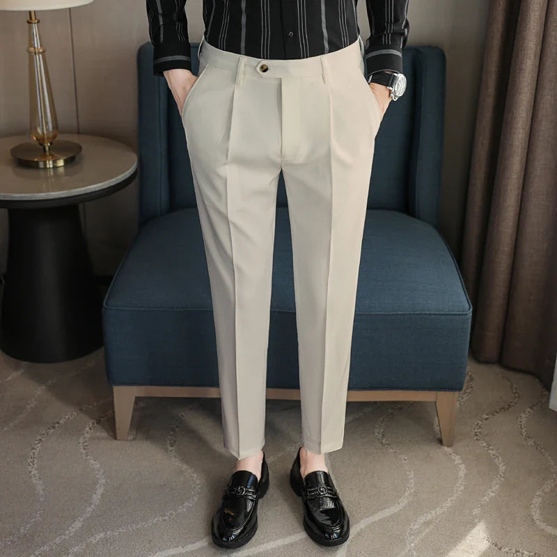 saferido British Style Men High Waist Dress Pants Autumn Solid Color Casual Trousers Slim Fit Formal Suit Pants Fashion Men Clothing 38