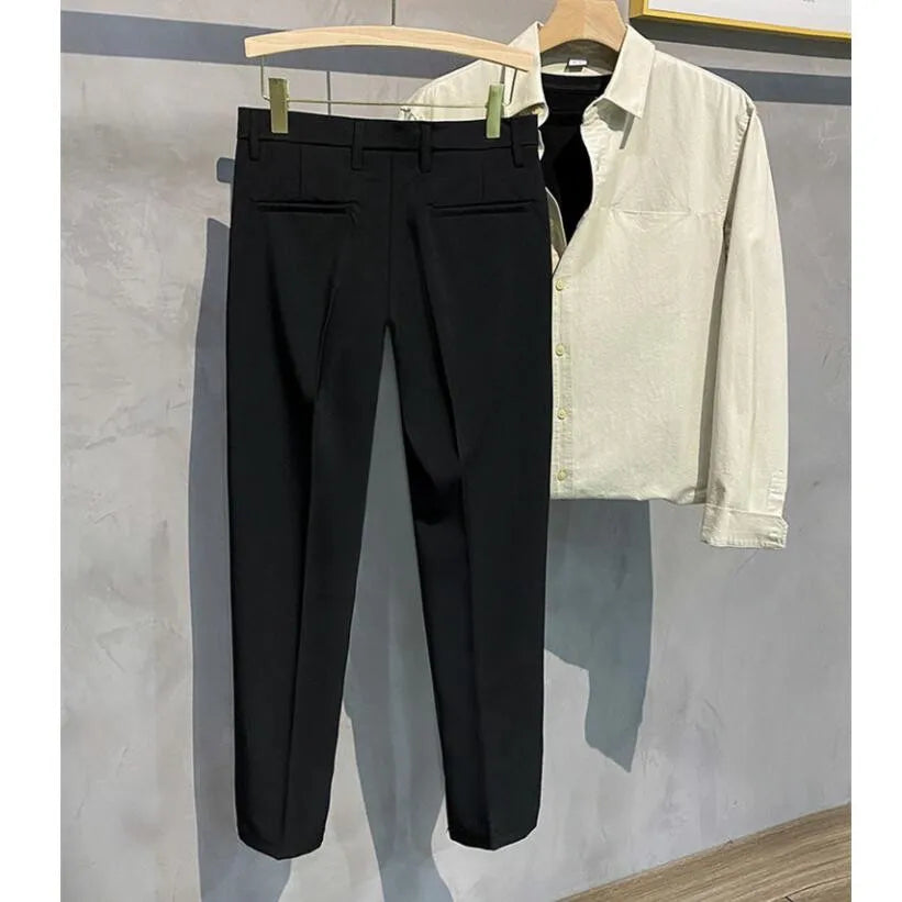 saferido Korean Style Fashion Ankle Length Suit Pants Men High Waist Solid Blue Black Gray Casual Straight Adjustable Waist Trousers