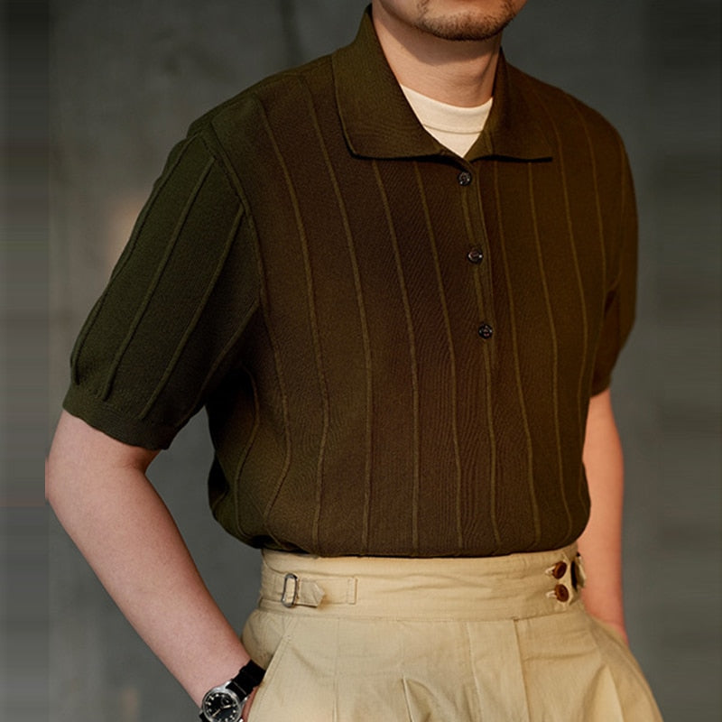Casual Solid Knit Polo Shirt Mens Clothes Fashion Buttoned Lapel Short Sleeve Knitted Ribbed Polos Men Summer Fashion Streetwear