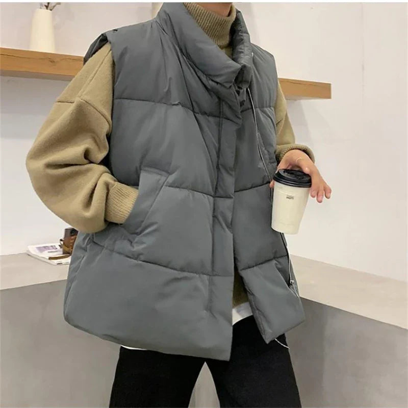 saferido Casual Men Waistcoat Loose Stand Collars Sleeveless Zipper Vest Coats Autumn Winter Korean Chic Streetwear Man Coats