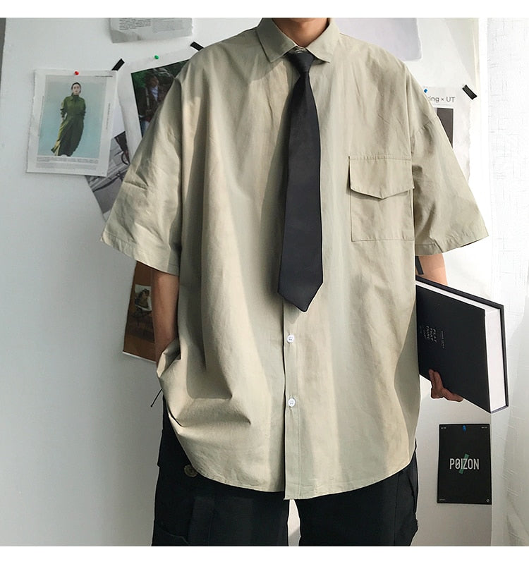 saferido Summer New Fashion Loose Solid Shirts Men's Casual Short Sleeve Shirts Turn-down Collar Clothing Blouses Tops Q02