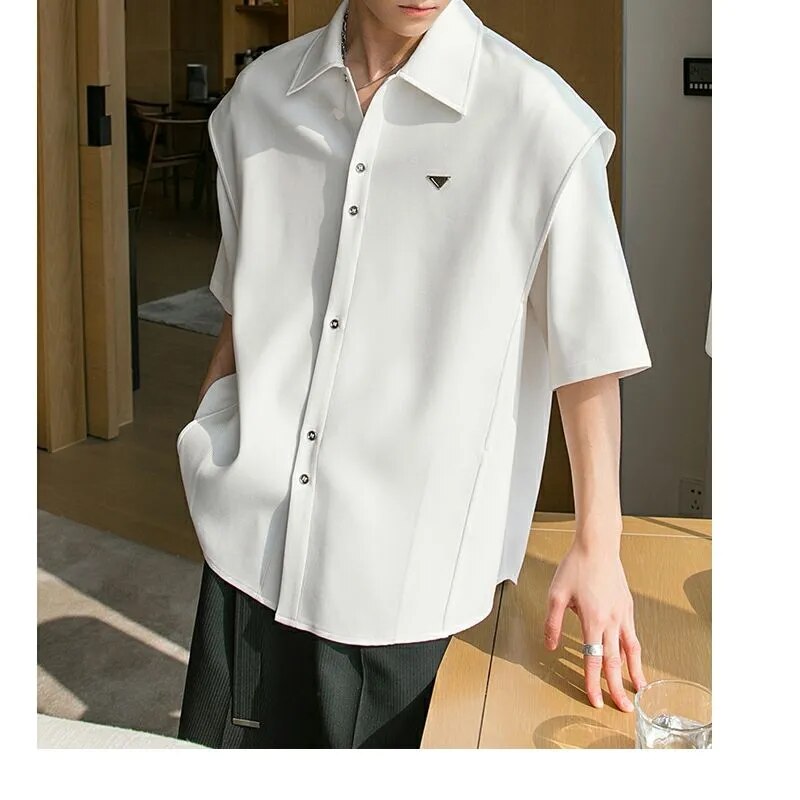 Young Style Solid Shirts Man Premium Temperament Button Short Sleeve Turn-down Collar Loose Office Handsome Men's Clothing