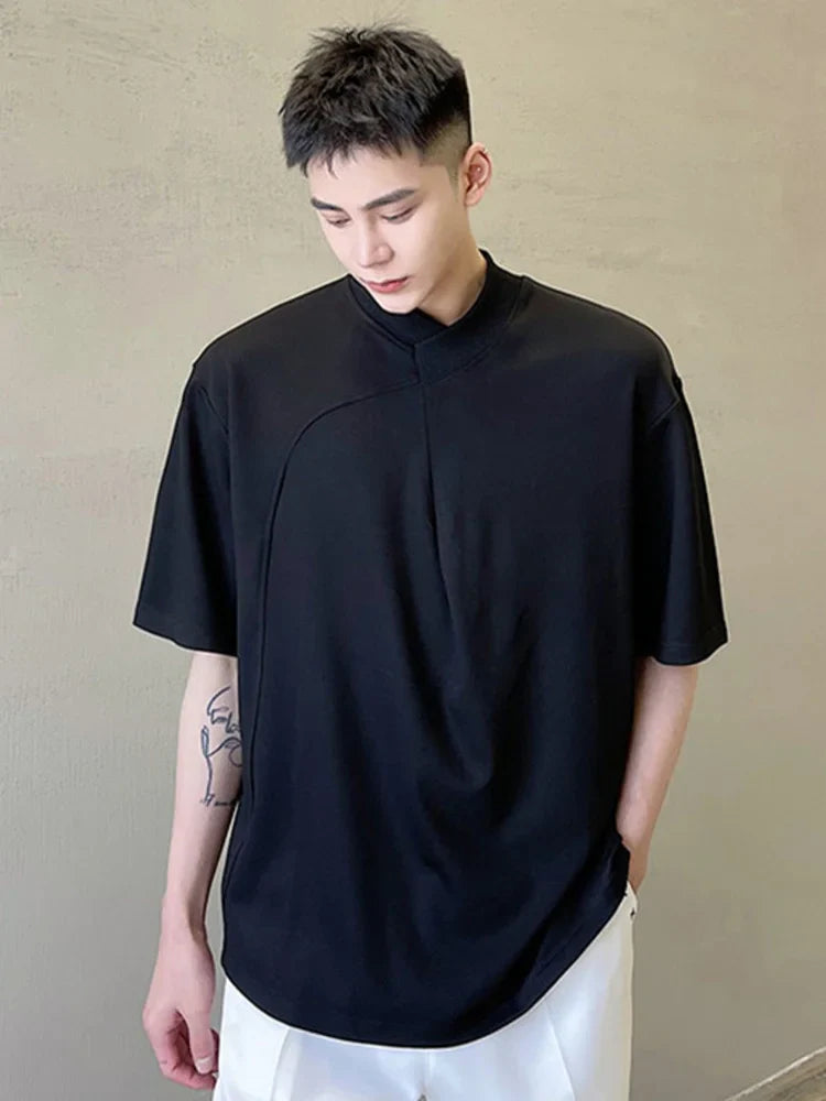 saferido Style Korean Personality Asymmetric Cross Rib Neckline Solid Colour Men's Casual Half Sleeve Tshirt New Fashionable Tops