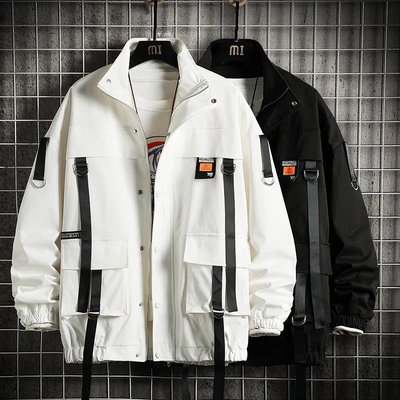 saferido New Ribbon Stand Collar Work Coat Men's Spring and Autumn Fried Street Personality Streamer Top Loose Large Size Jacket