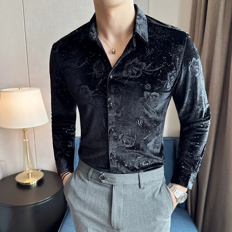Camisa Masculina Autumn Winter Luxury Print Men's Social Shirt Long Sleeve Slim Elegant Velvet Shirts For Men Clothing Formal