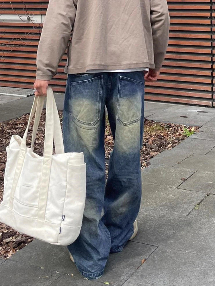 Vintage Blue Baggy Wide Leg Jeans Men Washable Casual Pants Y2k Worn Out Straight Loose Pants Hiphop Trendy Street Men'S Clothes