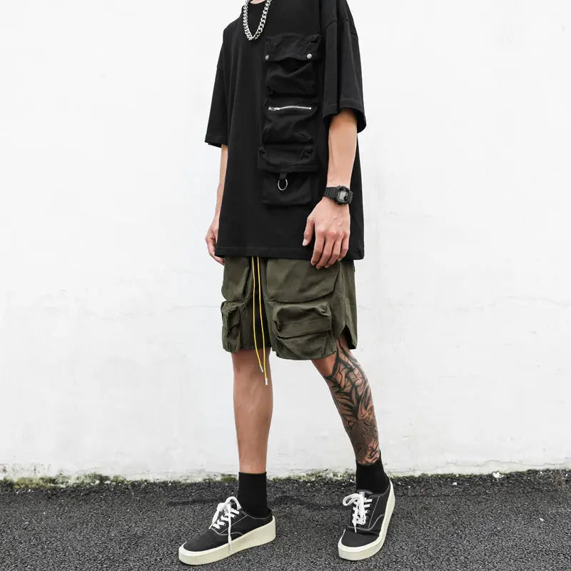 saferido High Street American Multi Pocket Functional Work Shorts Men's Street Retro Hip Hop Loose Casual Capris Trend