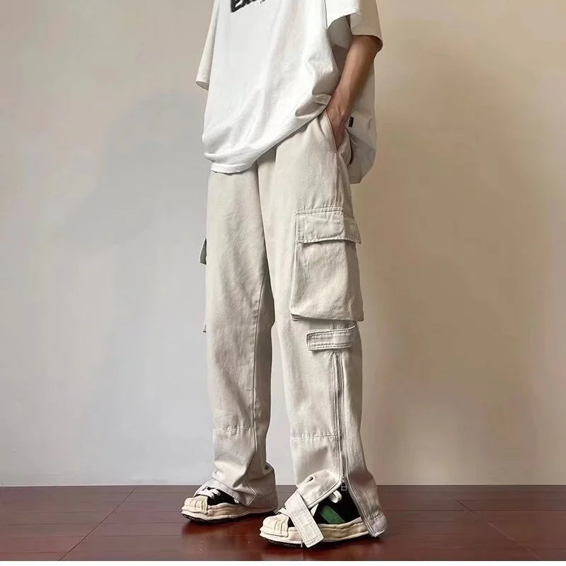 saferido Summer thin American retro Multi Pocket overalls for men trousers and women loose ins fashion brand white straight casual pants