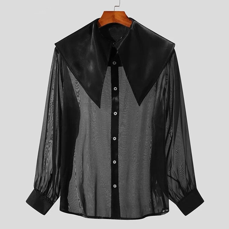 Tops Palace Style Men's See-through Organza Thin Shirts Casual Fashion Male Long Sleeved Large Lapel Blouse S-5XL