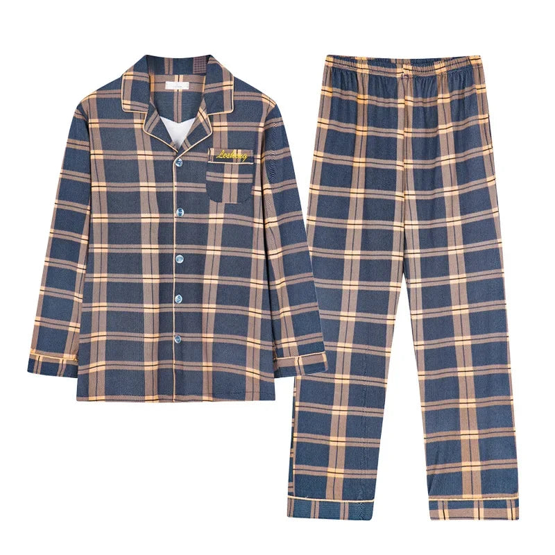 Men Pajamas Set Lounge Sleepwear Plaid Pyjamas Long Sleeve Spring Autumn Loungewear Male Homewear Home Clothes