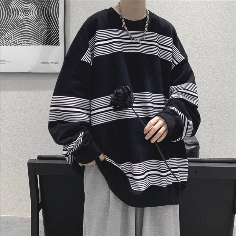 Spring Autumn Striped Y2K Harajuku Hip Hop Sweatshirts Man Oversized Casual Tops Long Sleeve Loose Pullover Streetwear Clothes