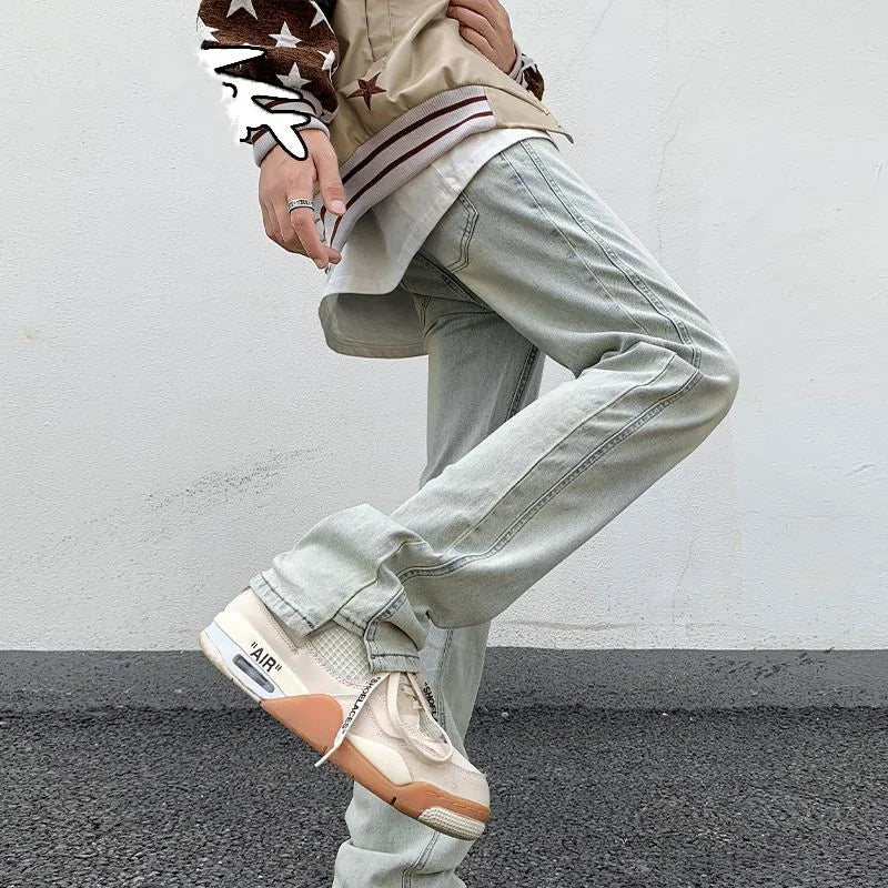 saferido Men's Blue High Street Micro La Jeans Fashion Men's Autumn New American Ruffian and Handsome Slim Long Pants