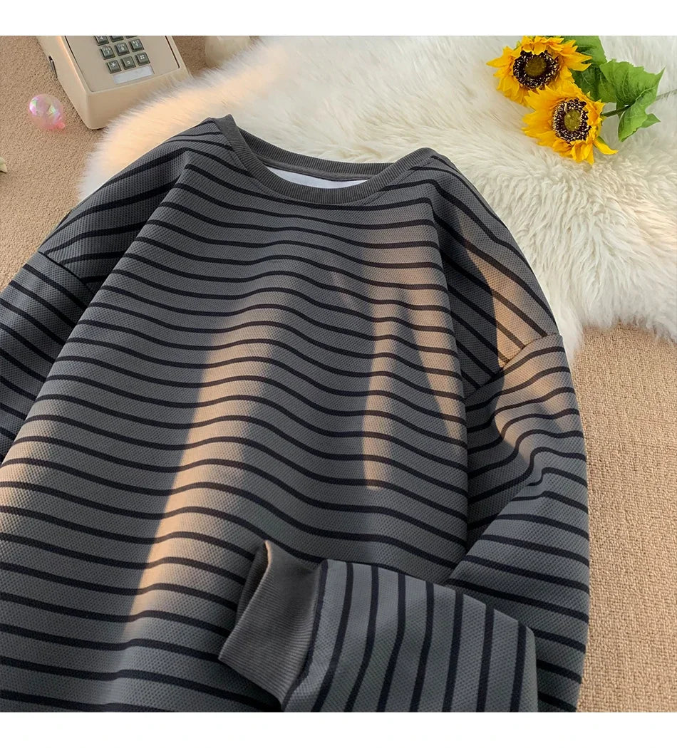 saferido Men's Tri-color Striped Sweatshirt American Classic Style Retro Casual Round Neck Top Unisex College Style Trendy Menswear