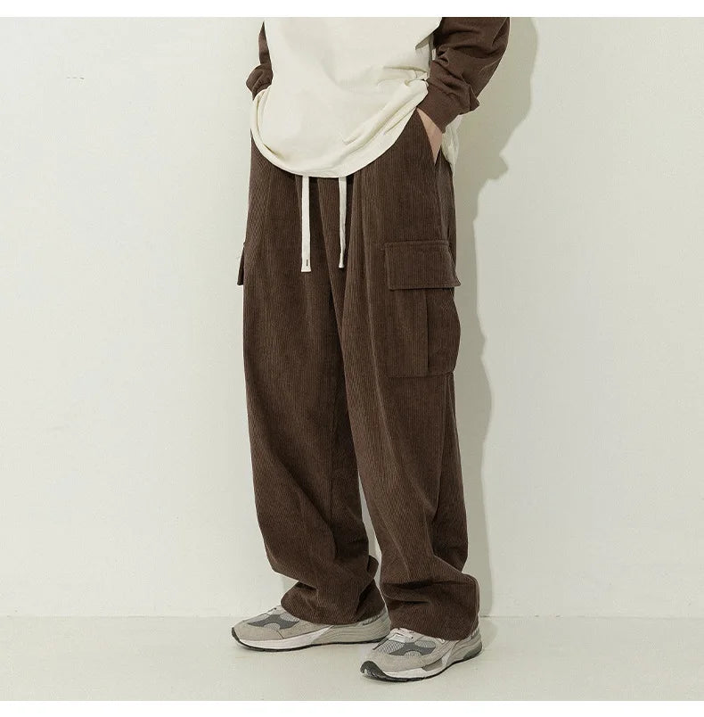 saferido Men's Casual Pants Loose Straight Corduroy Pants Elastic Waist Sweatpants Fashion Streetwear Spring Men Sports Jogger Trousers