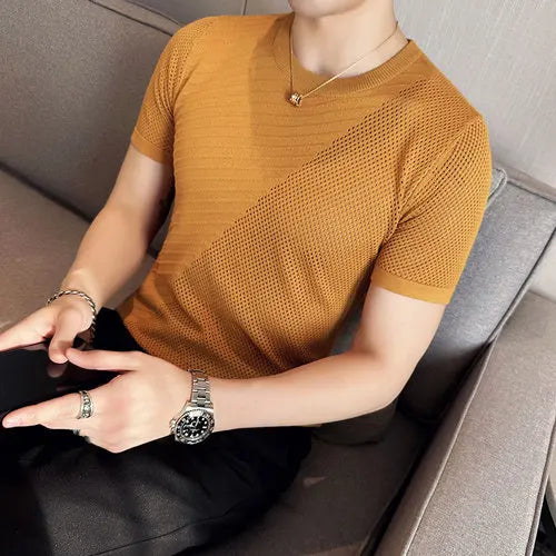 saferido Korean Style Men's Summer Casual Short Sleeve Knitted T-shirt/Male Ice Silk Hollow Out Round Neck T-shirt S-3XL