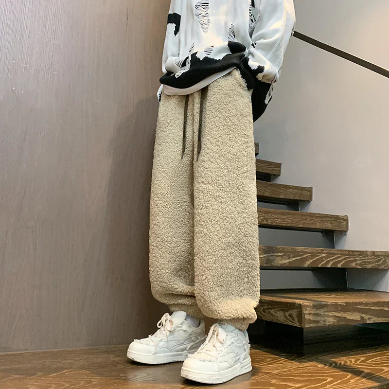 saferido Winter Thickened Pants Men Warm Fashion Retro Lamb Wool Pants Men Oversized Streetwear Loose Straight Pants Mens Thick Trousers