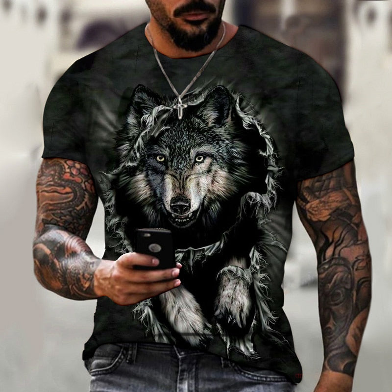 Lion Fighting Animal Beast Fierce Lion Wolf 3D T Shirt New Summer Men's Oversized Short Sleeve Black and White Design Polyester