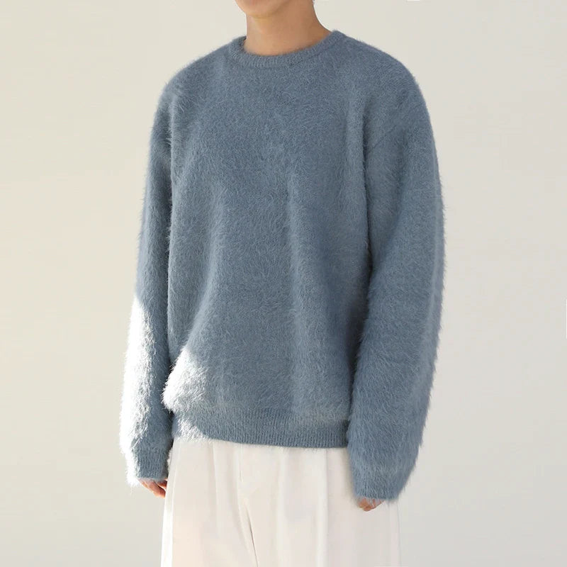 Autumn Winter Round Collar Mohair Sweater Loose Korean Style Vintage Kintted Sweater Pullover Men Clothing