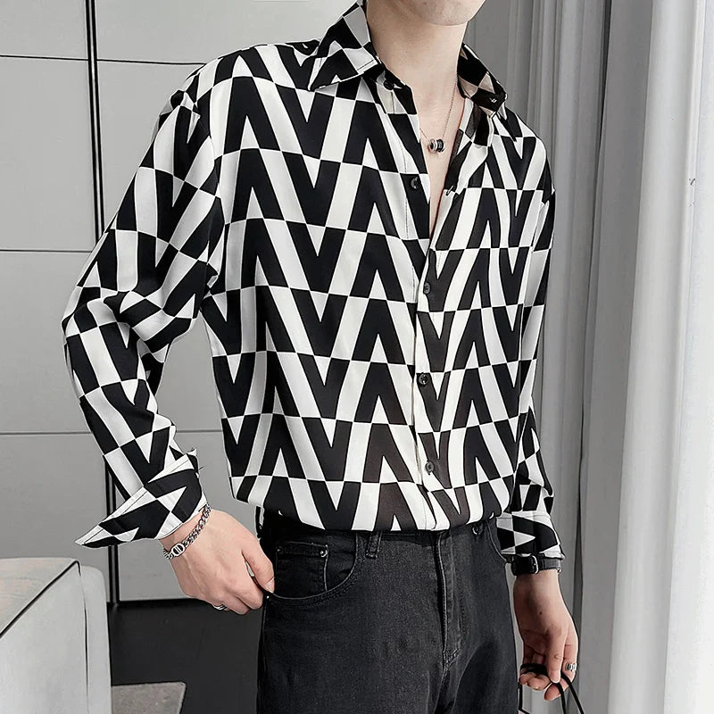 New Summer Men's Printed Shirts Oversized Clothing Casual Long Sleeve Striped Plaid Vintage Thin Draped Stretch Hawailan Blouses