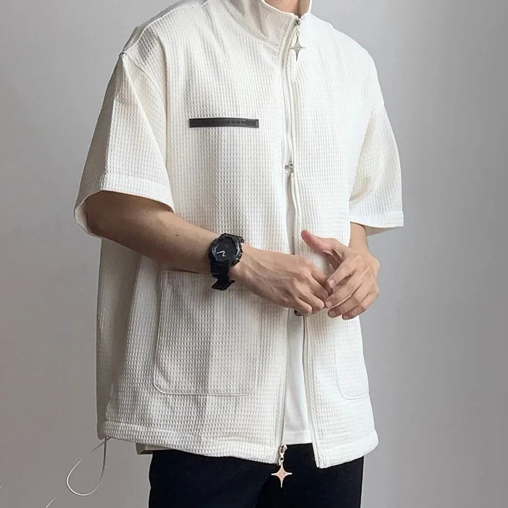 saferido Spring Summer Solid Waffle Shirt Men Zipper Shirts Trend Stand Collar Short Sleeve Tops Unisex Man Shirts Oversized Streetwear F