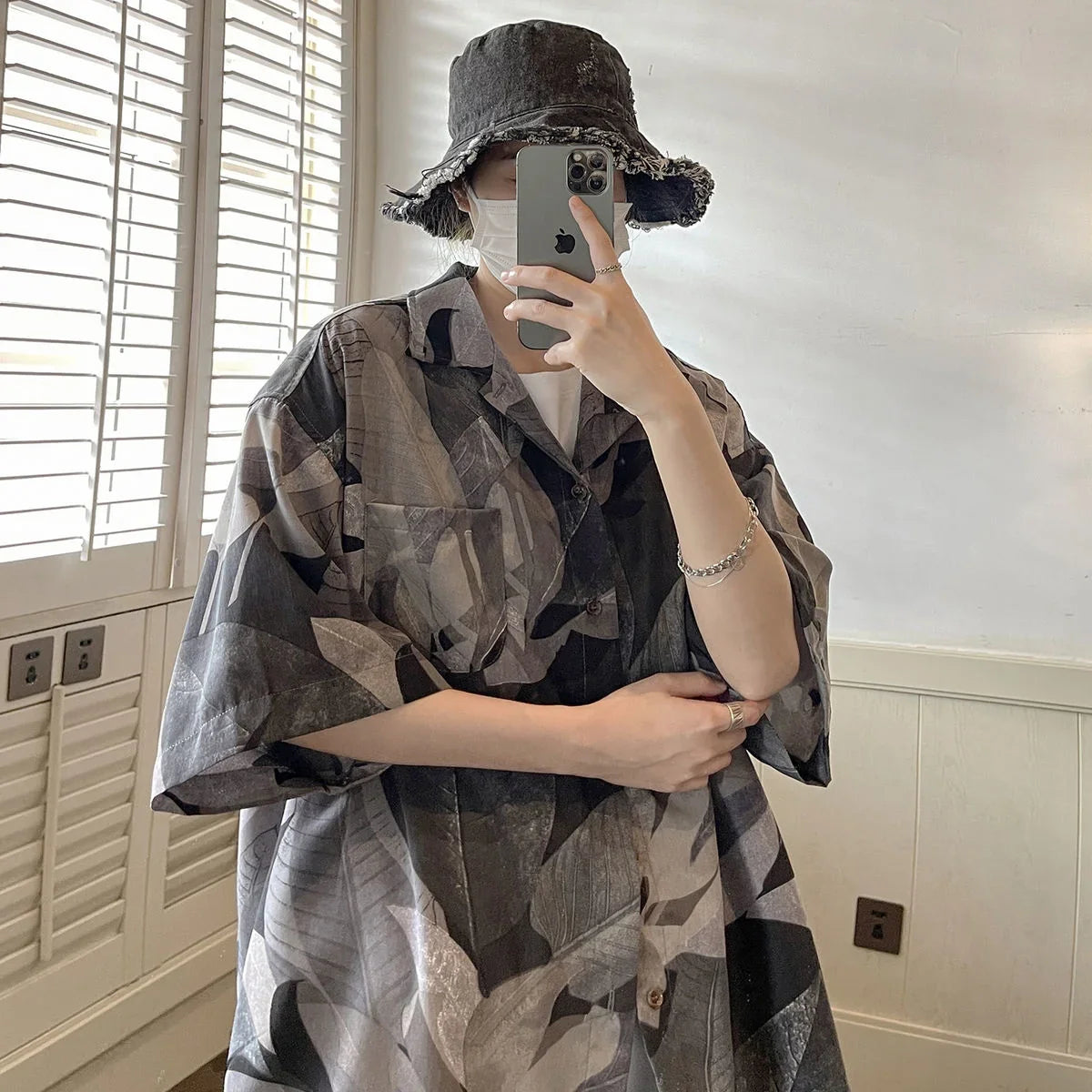 saferido Summer Men's Classic Beautiful Print Short Sleeve Shirts American Retro Style Loose Shirts Popular Grey/brown Shirts