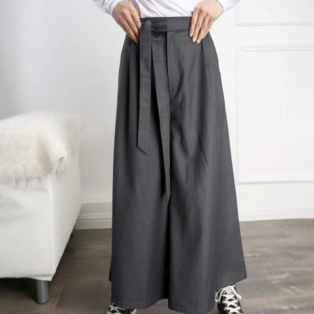 saferido Mens Japanese Casual Street Wide Leg Pants With Belt Genderless Autumn Fashion Trendy Solid Color Loose Nine-Point Skirts Unisex