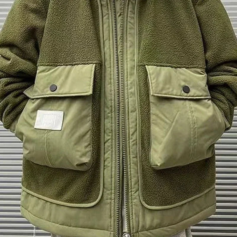 Winter Men's Jacket Japan Style Cargo Spliced Lamb Wool Thick Parkas Workwear Large Pocket Padded Coat Oversized Hooded Top