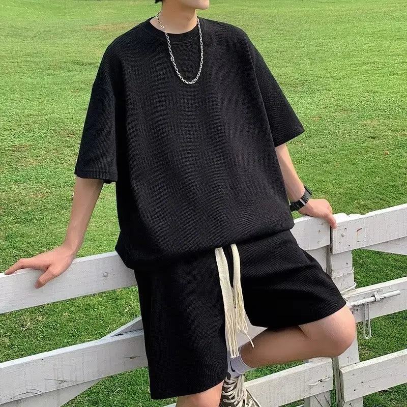 saferido Oversized Tracksuit Men New Korean High Street Fashion Zipper Design T-shirt Shorts Two Pieces Sets Mens Streetwear Men Clothes