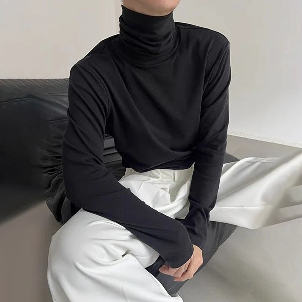 saferido Mens Casual Slim Shirt 2024 Spring New Genderless Fashion Shaping Solid Color High Collar Harajuku Bottoming T-Shirt Unisex
