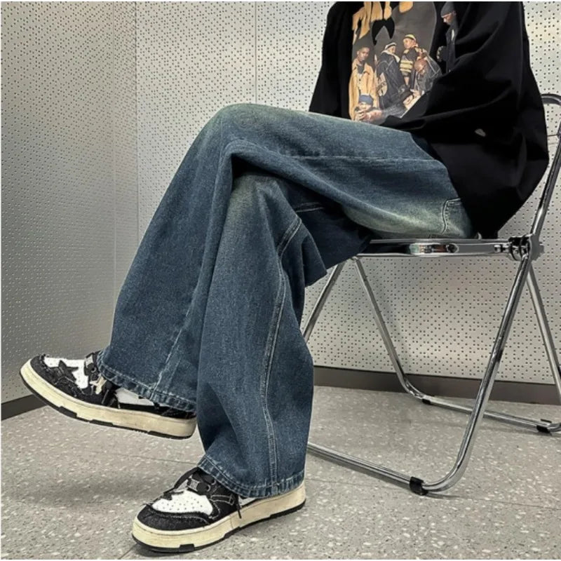 saferido Vintage Men Straight Leg Jeans Korean Student Handsome Casual Pants High Street Loose Wide Leg Jeans Vintage Blue Baggy Jeans