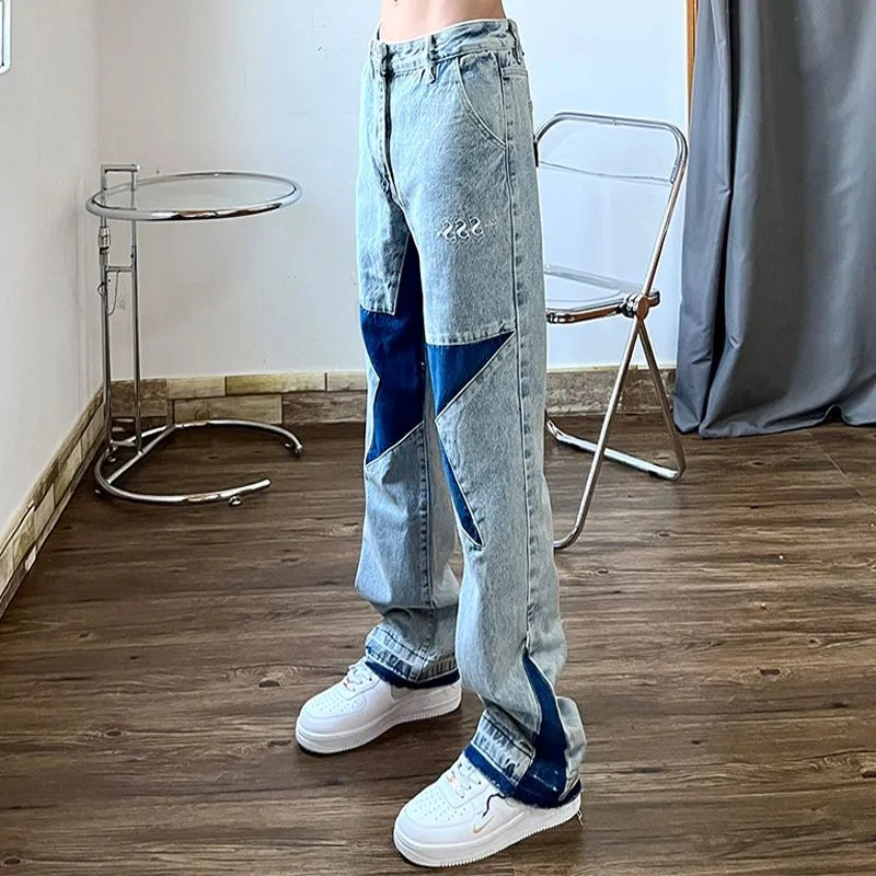 Loose Men's Jeans Vintage Star Straight Man Cowboy Pants with Print Retro Hip Hop Grunge Y2k Baggy Washed Trousers Ripped Punk L