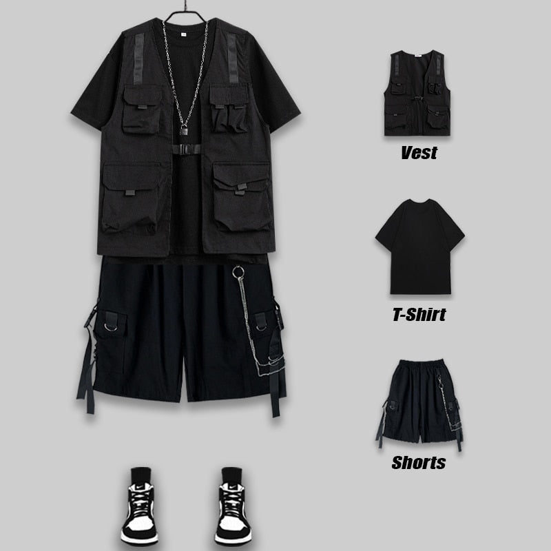 Men's Shorts Set Tank Top Men Cargo Punk Rave Vest Male Shirt Streetwear Hip Hop Hippie Men Clothing Pockets
