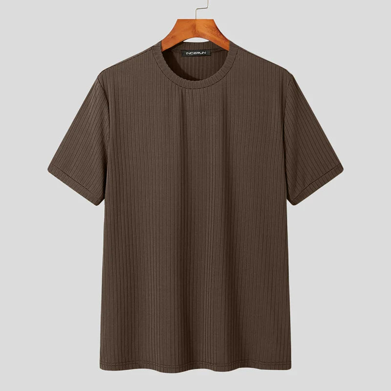 Tops Korean Style New Men's Round Neck Design Niche Camiseta Casual Male Striped Solid Short-sleeved T-shirts S-5XL