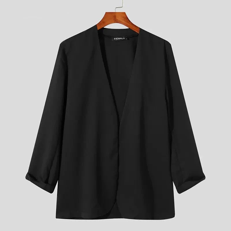 Stylish New Men Blazer Leisure Style Loose Buttons Male All-match Simple Collarless Long-sleeved Suits S-5XL Tops