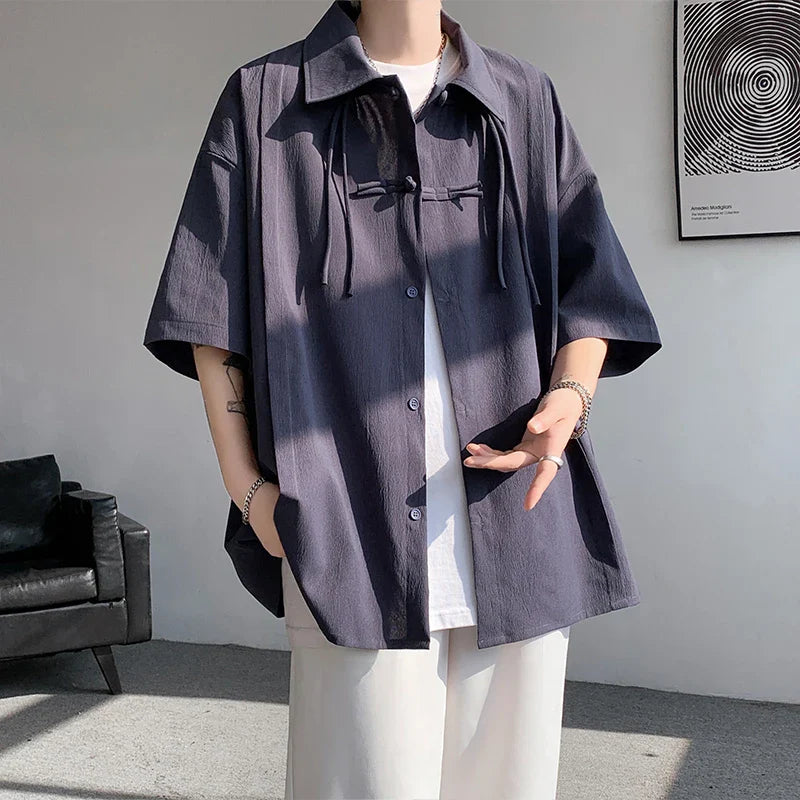 saferido Men's Casual Blouse Long Sleeve Tee Shirt Y2K Vintage Oversized Blouses Chinese Style Baggy Button Up Shirt