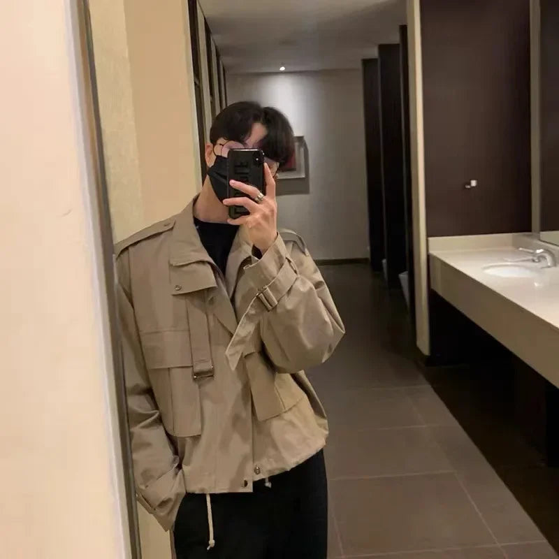 saferido Men's Jackets Coat Korean Style Loose Fashion Turn-down Collar Retro Cargo Solid Pockets Temperament Winter Jacket Male Coat