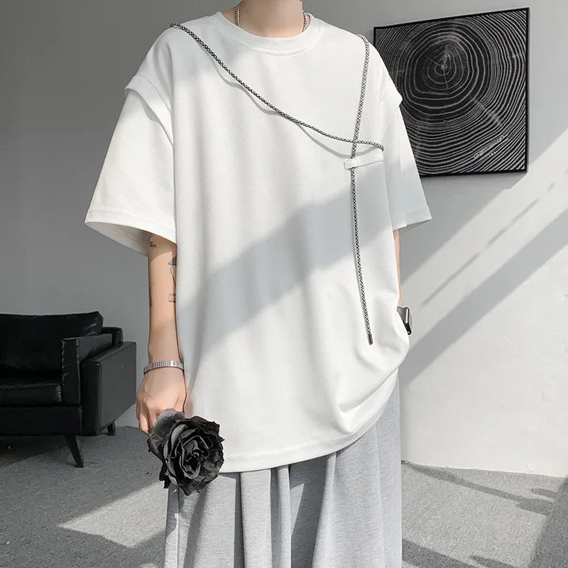 saferido Hip Hop T-shirts Men Simple Popular Korean Style Bandage Design Loose Individual Chic Comfortable Patchwork Students Summer Tees