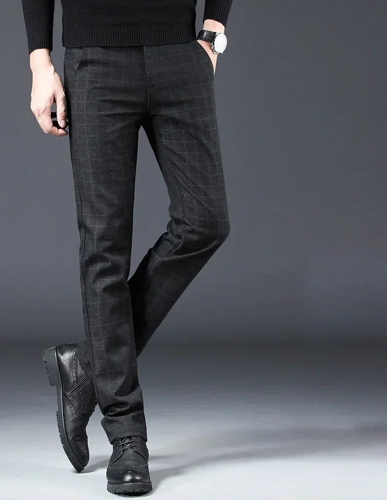 Men's New Designer Plaid Business Prom Work Stretch Trousers Male Vintage Soft Cotton Slim Fit Straight Leg Casual Long Pants