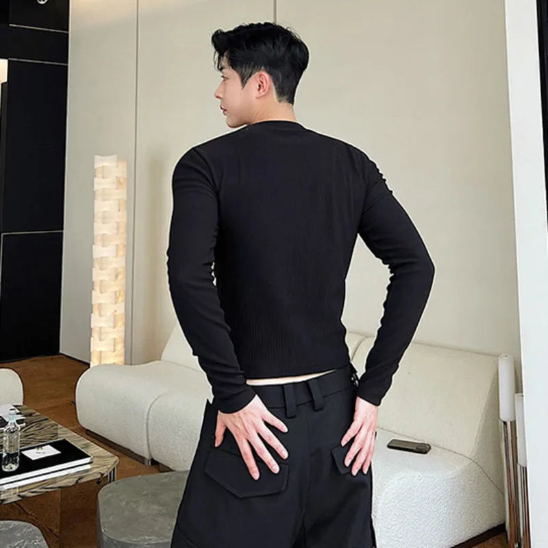 saferido Men's Slim Long Sleeve T-shirts 2024 Autumn New Niche Design Dark Zipper Split Versatile Tops Korean Style Clothing