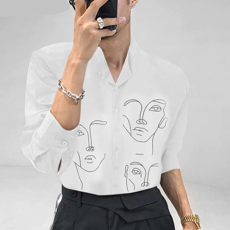 Stylish Simple Style New Men Blouse Casual Party Shows Male Loose Fashionable Face Printing Streetwear Shirts Tops