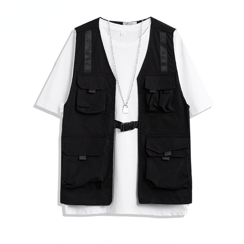 Men's Shorts Set Tank Top Men Cargo Punk Rave Vest Male Shirt Streetwear Hip Hop Hippie Men Clothing Pockets
