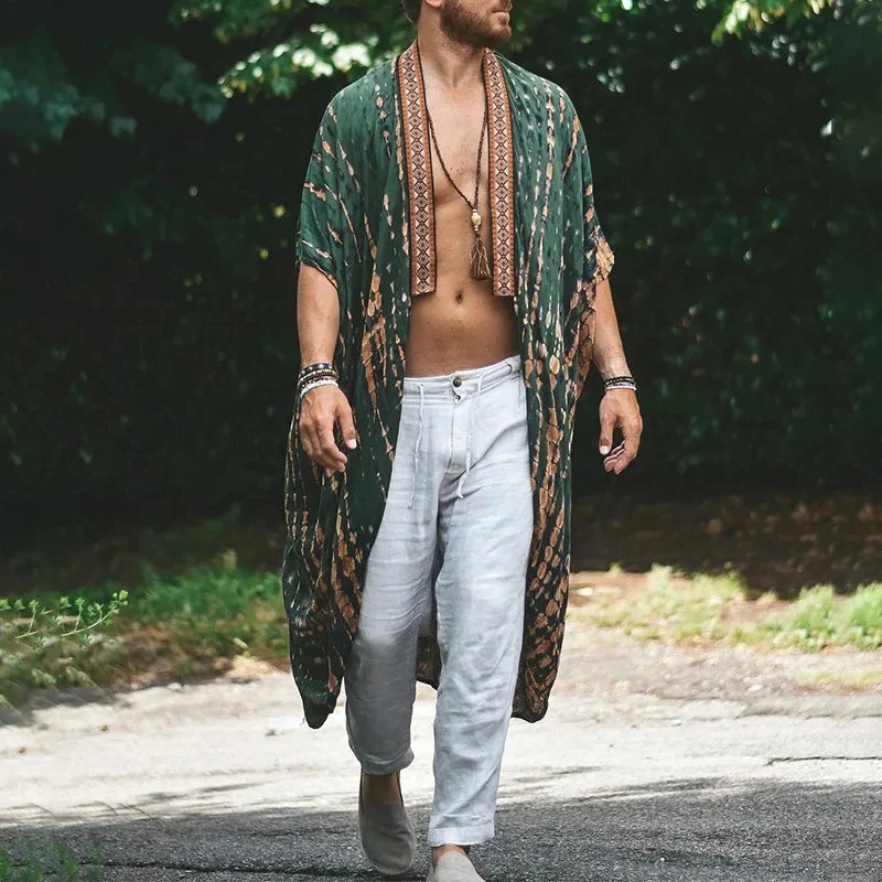 Summer Fashion Shawl Mens Print Long Windbreaker Cardigan Hawaiian Beach Sunscreen Cloak Casual Loose Cape Coat For Men Tops