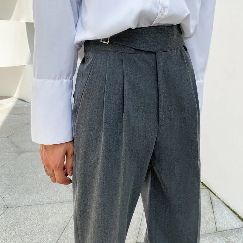 Korean Belt Suit Pants Men Fashion Solid Color Casual Dress Pants Men Loose Straight Trousers Mens Office Formal Trousers 28-34