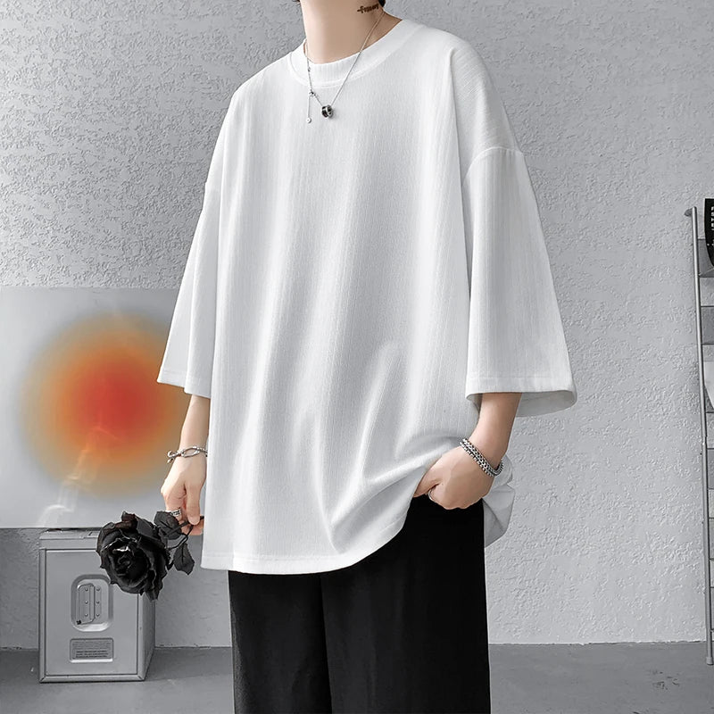 saferido High Quality Men Oversized Ice Silk T Shirts Summer Mens Half Sleeve Fashions Harajuku T-Shirt Male Solid Simple Daily Tees