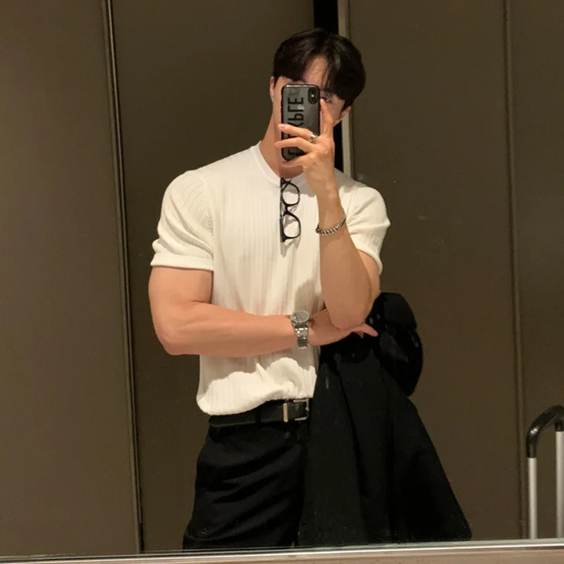 Men's Clothing Luxury Knitted T Shirt Casual Korean O Neck Solid Color Short Sleeve Tees for Men Breathable Summer Knitwear