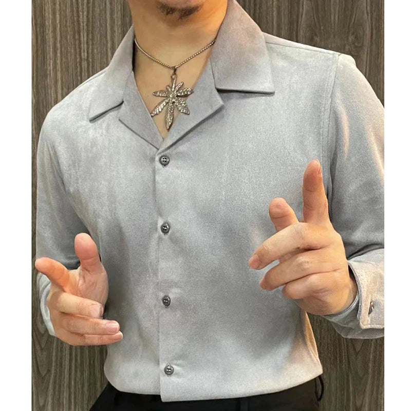 saferido Spring Cuban Collar Casual Long Sleeve Shirt For Men British Luxury Solid Color Shirt Business Formal Dress Shirt Camisa Hombre